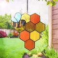 Acrylic suncatcher with a cute bee and orange honeycomb pattern on a metal chain - Style E-Cartoon Honeycomb Blue Wing Bee