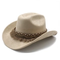 Dettaglio cappello cowboy in camoscio beige con cordino intrecciato e frange marroni - M (56-59cm) / Cammello Chiaro