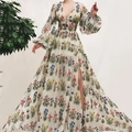 Bohemian maxi dress with colorful floral embroidery, deep V-neck and elegant high side slit - S / 8656-White V-Neck Long Sleeve Dress With Floral Embroidery