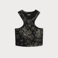 Dettaglio di un top corto nero tie-dye con motivi floreali e farfalle bianche - XS / Totem di Magnolia Nera