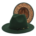 Detail of dark green fedora hat featuring leopard print lining and braided band accessory - M (56-58cm) / Dark Green