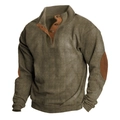 Men's olive corduroy henley shirt with three buttons and decorative elbow patches - Army Green