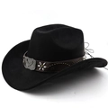 Detail of western cowboy hat with brown leather band and eagle metal buckle decoration - M (56-58cm) / Black
