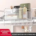 White metal bedside storage basket with 6 bottom hooks and hanging wire mesh design - Upgraded (Thickened Fine Mesh + Hooks) / White