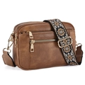 Brown PU leather crossbody bag with ethnic patterned strap and triple zipper design - Double Zipper Brown
