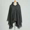 Detailed texture of dark grey faux cashmere hooded poncho with elegant fringe tassels - Black (WT144-6)