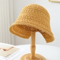 Elegant ginger yellow hand-knitted straw bucket hat with breathable hollow-out design - M (56-58cm) / Lotus Wave Edge Style (5642) / Khaki