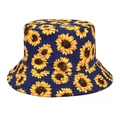 Close-up of navy blue bucket hat with yellow sunflower print and reinforced stitching - M (56-58cm) / Navy Blue