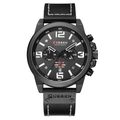 All-black men's quartz chronograph watch with leather strap and multifunctional dial - Black Case Black Dial Black Strap