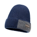 Men's winter knit beanie in navy blue and grey color block with leather patch - One Size(Adjustable) / Navy Blue