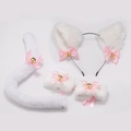 White faux fur cat ear headband with pink bows and tail set for cosplay costume - Pure White Cat Ears + Wristbands + Tail