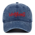 Detail of red Lost My Head embroidery on navy washed cotton gothic baseball cap - Navy Blue