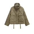 Olive green quilted puffer jacket with stand collar and decorative hem drawstrings - XS / Army Green