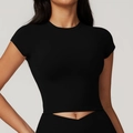 Haut court noir moulant avec manches courtes évasées et tissu de yoga élastique - S / Noir Premium
