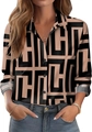 Detailweergave van damesblouse met lange mouwen en zwarte geometrische print op beige - S / Khaki