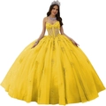 Elegante gele galajurk met bloemenkant-applicaties en een sprankelende tule rok - Geel / 3XL