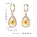 Hoop earrings with teardrop glass pendant featuring yellow dried flowers and dimensions - Teardrop Style (10398) / Yellow
