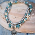 Layered beach anklet featuring blue turquoise beads, starfish charms and silver shell pendant - Scallop