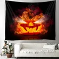 Halloween tapestry featuring a burning Jack-o'-lantern with orange flames on black background - 150x130cm / WSJ43 Burning Jack-o'-lantern