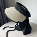 Black sun visor hat for women with beige straw trim and full neck protection flap - Neck Flap Style / Beige Black Trim