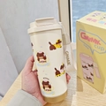 Creamy white cartoon dog insulated coffee mug with handle strap and matching gift box - Beige