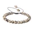 Adjustable woven bracelet with 6mm Dalmatian Jasper stone beads in spotted grey finish - Dalmatian Jasper
