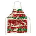 Christmas elk and fox print linen apron with red green plaid and Merry Christmas text - Style-19 (Plaid Forest)