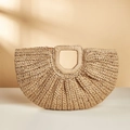 Minimalist crescent straw tote bag in natural khaki with a woven round handle detail - Tan