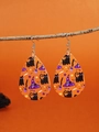 Halloween drop earrings with black cat and wizard hat motifs on orange leather texture - WS09-4 (Orange Cat Witch)