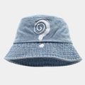 Unisex light blue washed denim bucket hat with white spiral question mark embroidery - M (56-58cm) / Light Blue