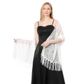 Close-up of white floral lace shawl with long fringe detailing for evening dresses - White
