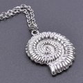 Makroaufnahme eines polierten silbernen Schneckenanhängers mit spiralförmigen Gravuren und Kette - Halsketten-Set / Stahlfarbe