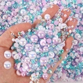 Mixed size pastel resin pearls and rhinestones for DIY nail art and phone case decor - Pink Purple Ab Blue Series - U / 30 g