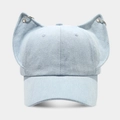 Creative washed denim baseball cap with 3D cat ears and silver metal rings - Adjustable / Light Blue