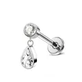 Dettaglio del perno orecchio in titanio F136 con pendente a goccia e pietre zirconi 5A - Argento Titanio + Zircone Bianco