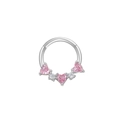 Silver piercing ring with three pink heart stones and clear round gems - 3 Pink Hearts / Silver