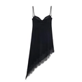 Elegant black velvet midi dress with lace trim and asymmetrical hem on white background - XS / Black