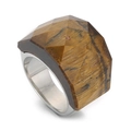Faceted brown glass gemstone ring on polished silver titanium steel band - Brown Tiger Eye (KR82748-GC)
