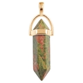 Macro shot of hexagonal green and red natural crystal pendant with gold metal clasp - Unakite / Gold Cap Hexagonal Pendant