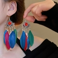 Orecchini etnici boho lunghi con piume colorate e pietra rossa incastonata - Multicolore (28# Gancio per l'orecchio-Argento)