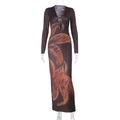 Sexy deep V-neck long sleeve maxi dress featuring large orange lily floral prints - S / Brown
