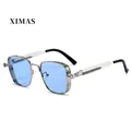 Detail of silver steampunk glasses featuring blue lenses and unique spring temple design - Silver Frame Blue Lens