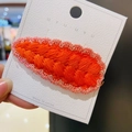 Handmade braided hair clip in bright orange knit with pink glitter border on white card - 14# Orange Water Drop