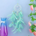 Mint green dream catcher with turquoise feathers and wooden beads on a light blue wall - Standard Type / Green