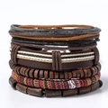 Vintage multilayer leather bracelet set with wooden beads and braided wax ropes - L8-Earth Tone Boho Wood Beads Set