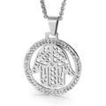Silver Hamsa pendant necklace with sparkling zircon halo and hollow design on a thick chain - Steel Color Hamsa Hand Hollow Rhinestone Pendant (KP46071-K)