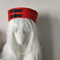 Red striped sailor beret hat for women with black leather straps on a white model head - M (56-58cm) / Red With Belt Buckle