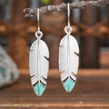 Bohemian feather dangle earrings with turquoise enamel accents and silver ear hooks - Feather Shape Enamel Decor (HQEF-0627)