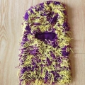 Knit balaclava mask with purple and yellow plush fringes for outdoor winter warmth - One Size / Purple and Yellow Mix