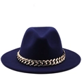 Detail of navy blue wool fedora with a decorative thick gold metal chain band - XL (Above 60cm) / Navy Blue